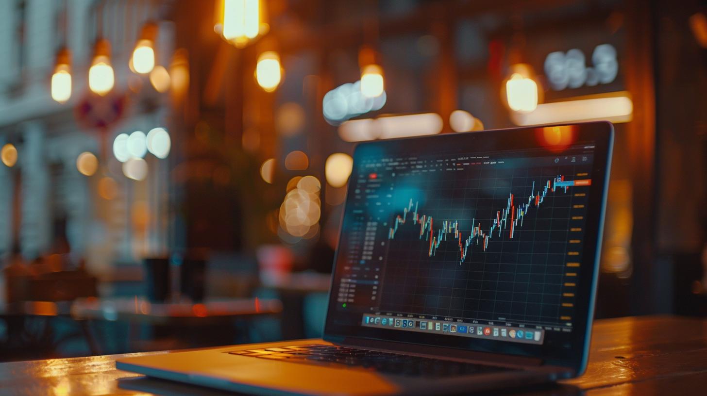 Laptop on a table displaying stock market charts in a cafe with warm ambient lighting.