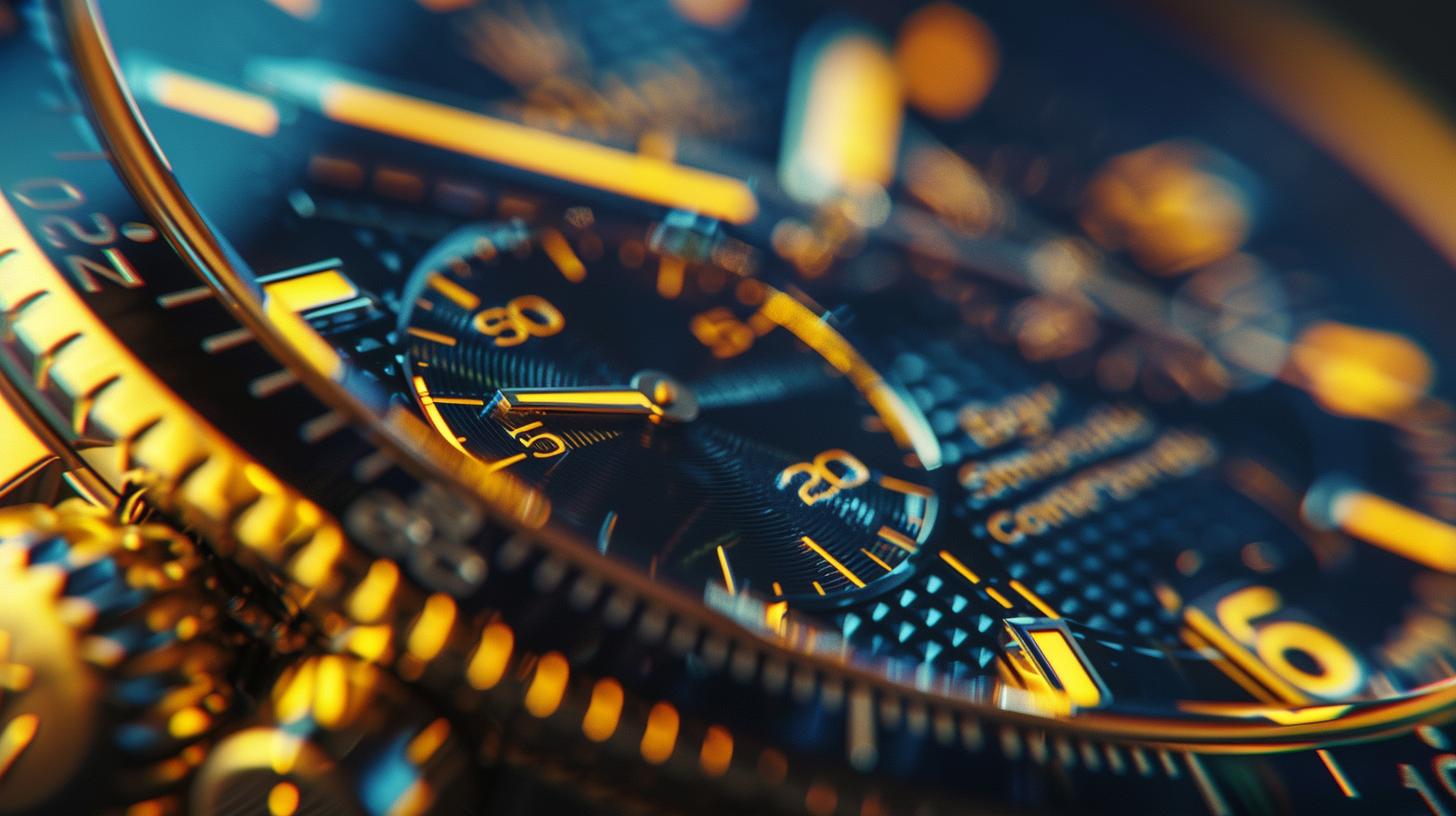 Close-up of a luxury watch face with intricate details and golden accents