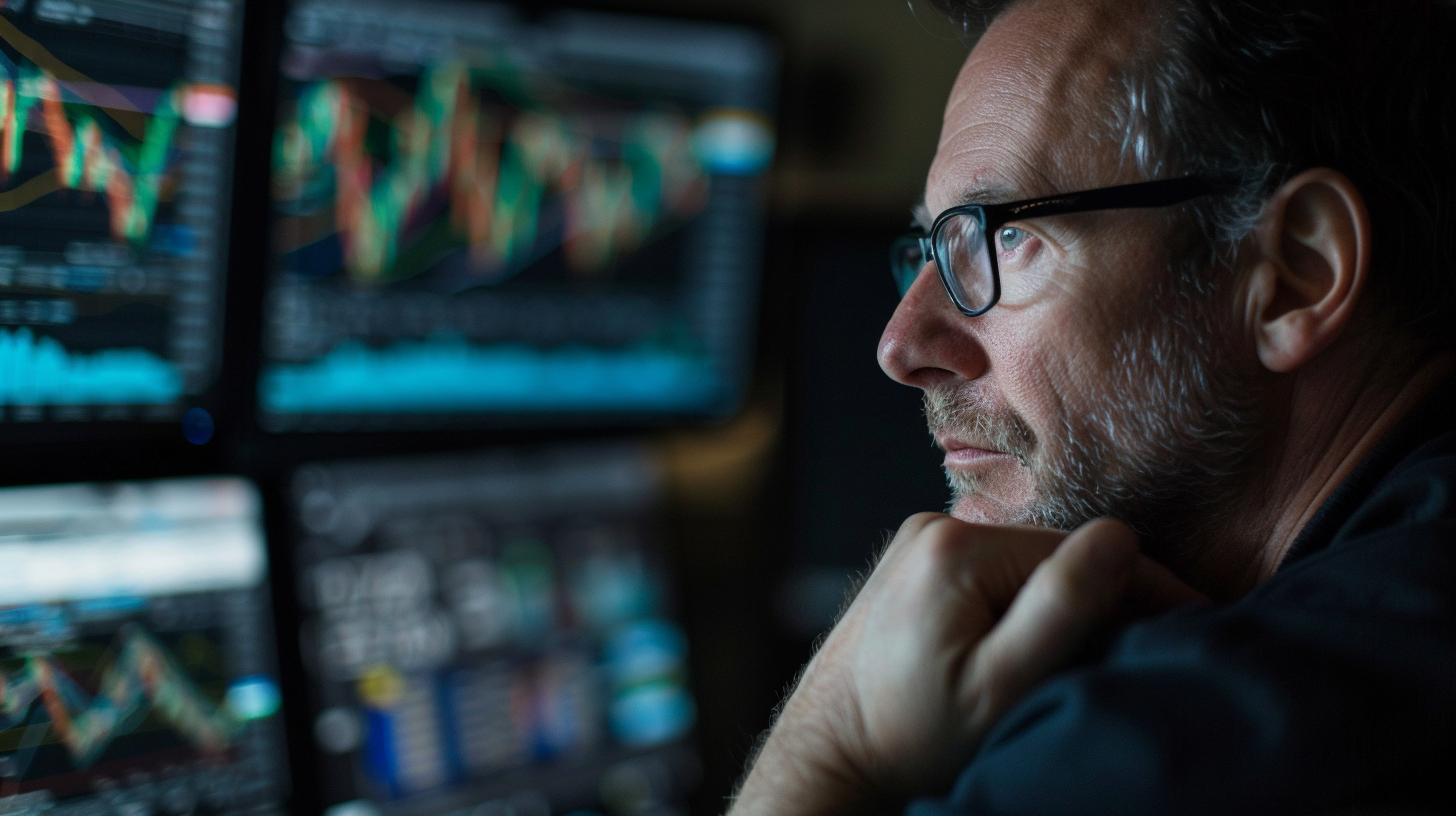 Man analyzing stock market data on computer screens in a dimly lit room.