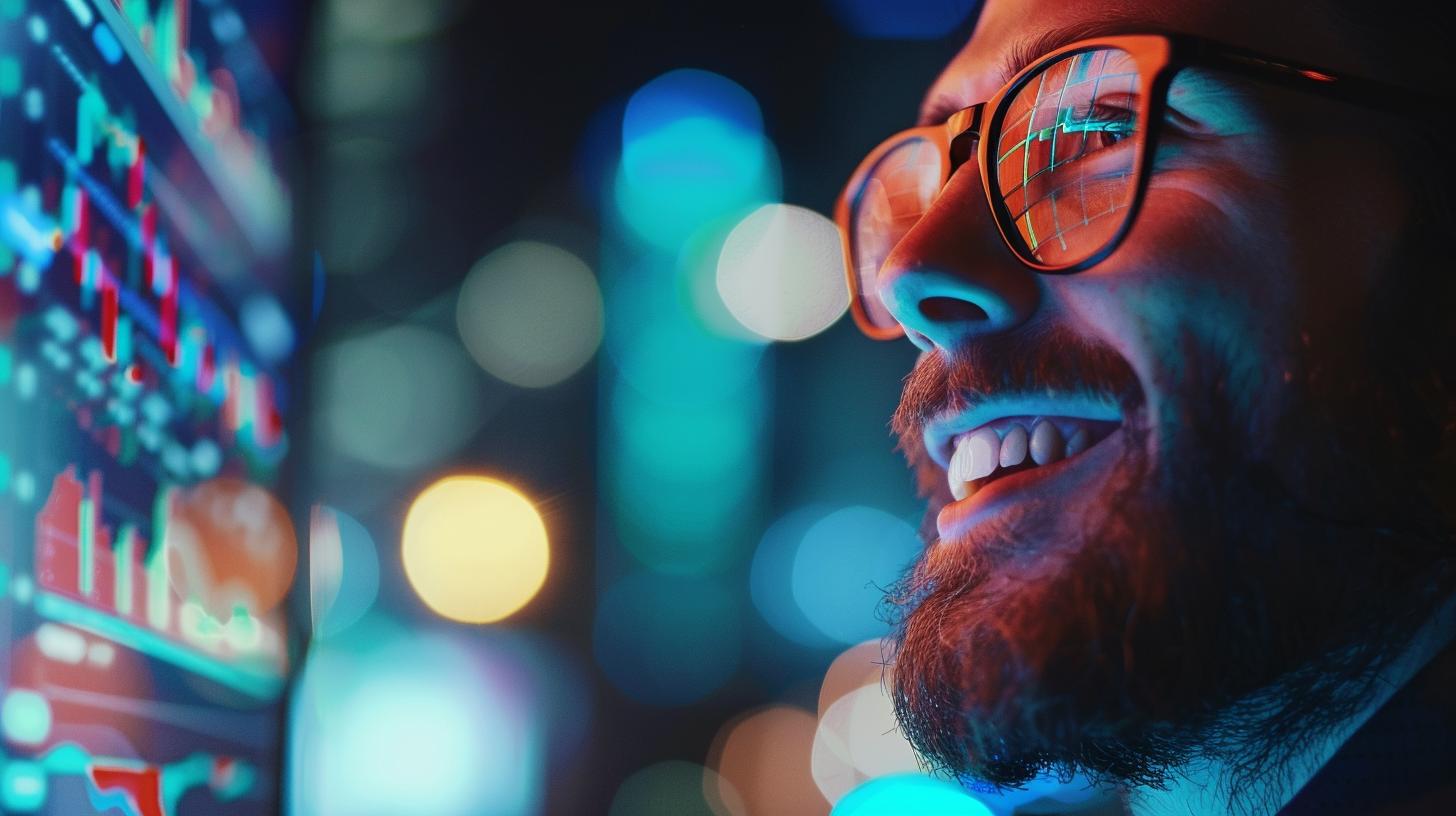 Man studying digital data on a screen at night with bright colorful lights in the background