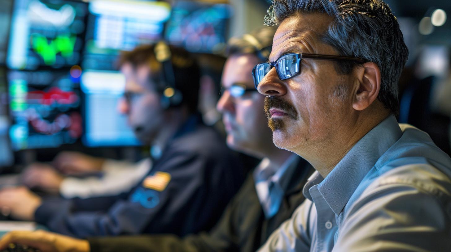 Men focused on computer screens in a control room or trading floor with multiple monitors displaying financial data and graphs.