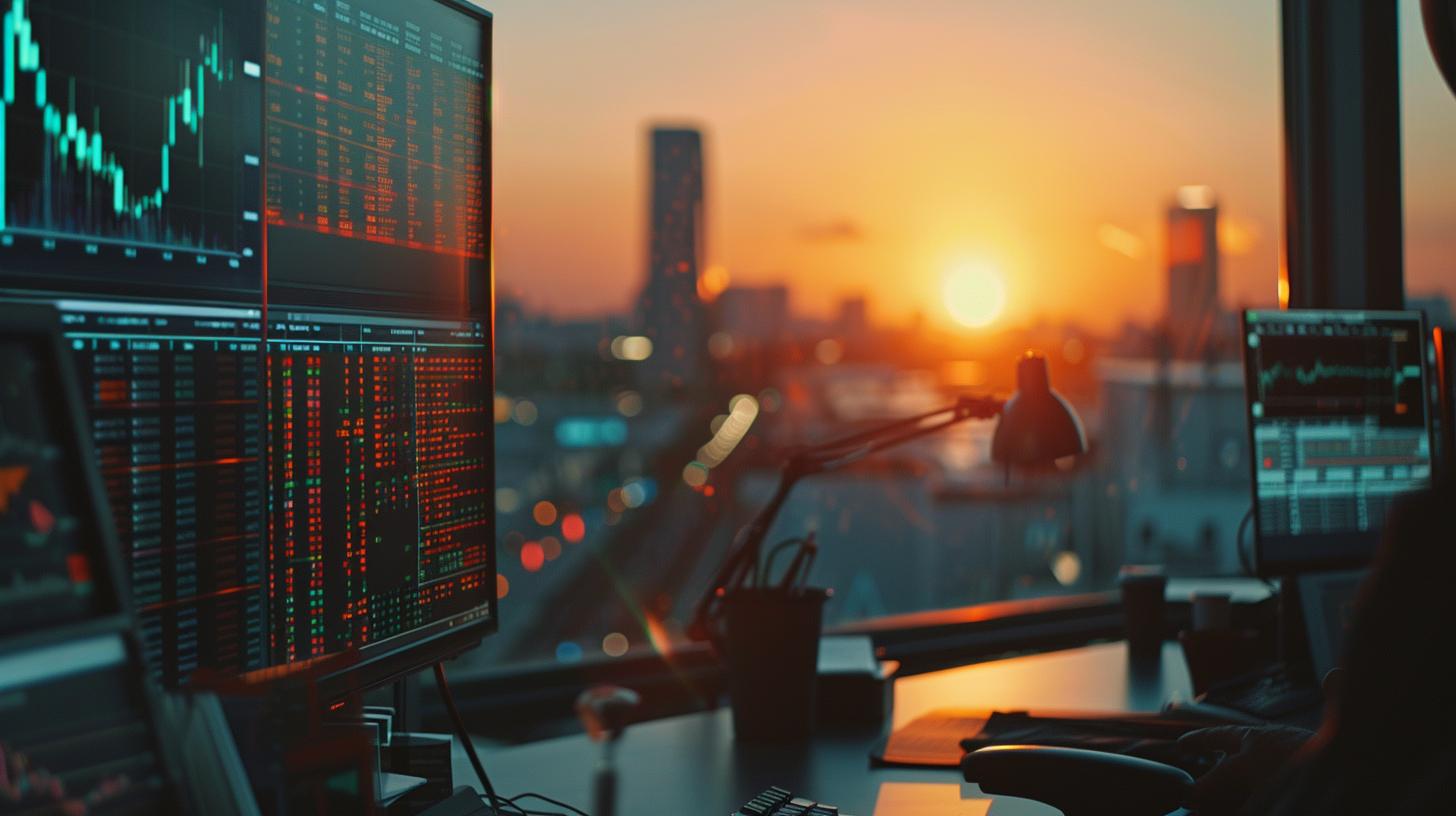 Office setup with stock market trading screens against city sunset background