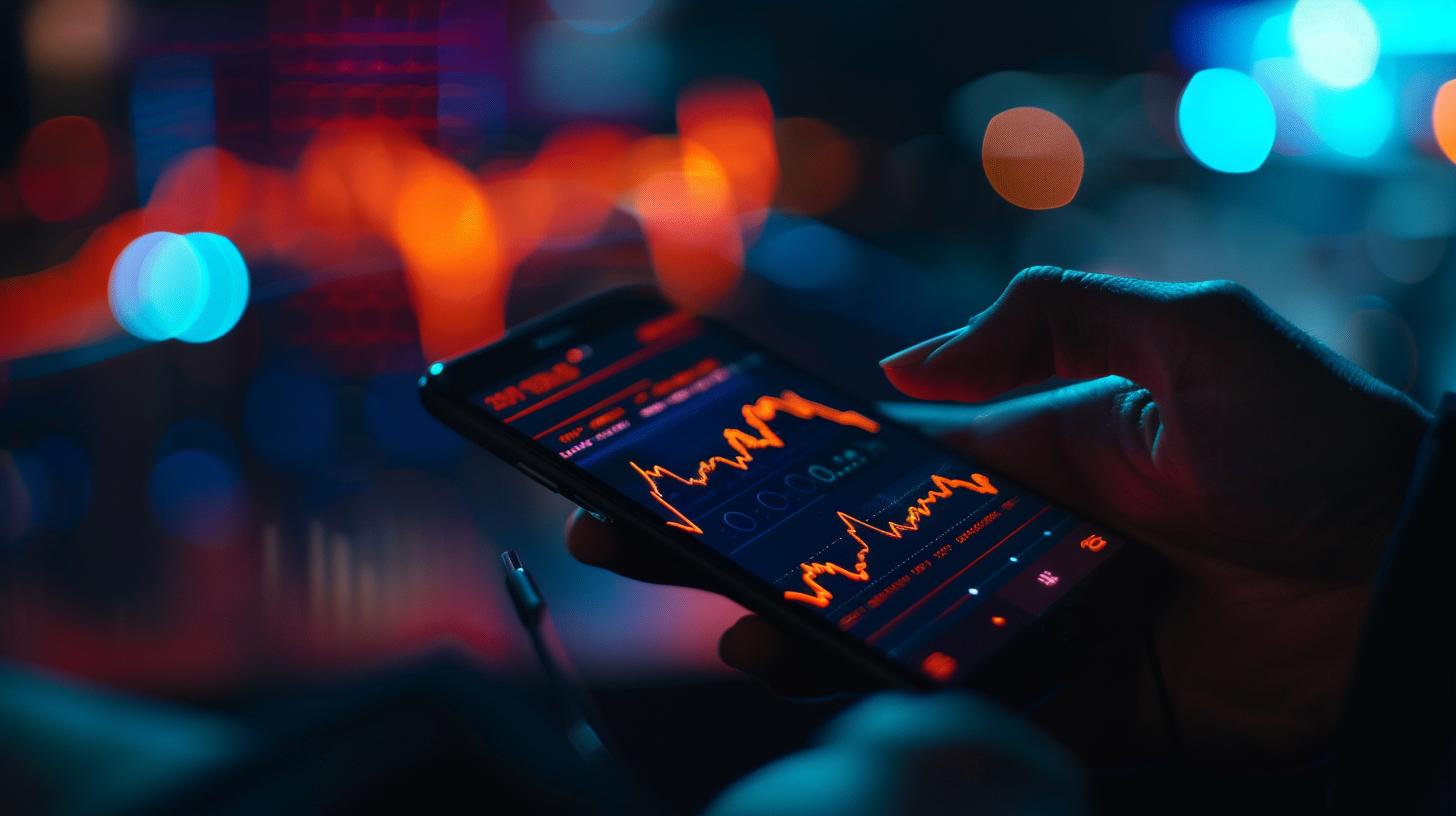 Person using a smartphone to analyze financial charts and stock market data with colorful background lights.