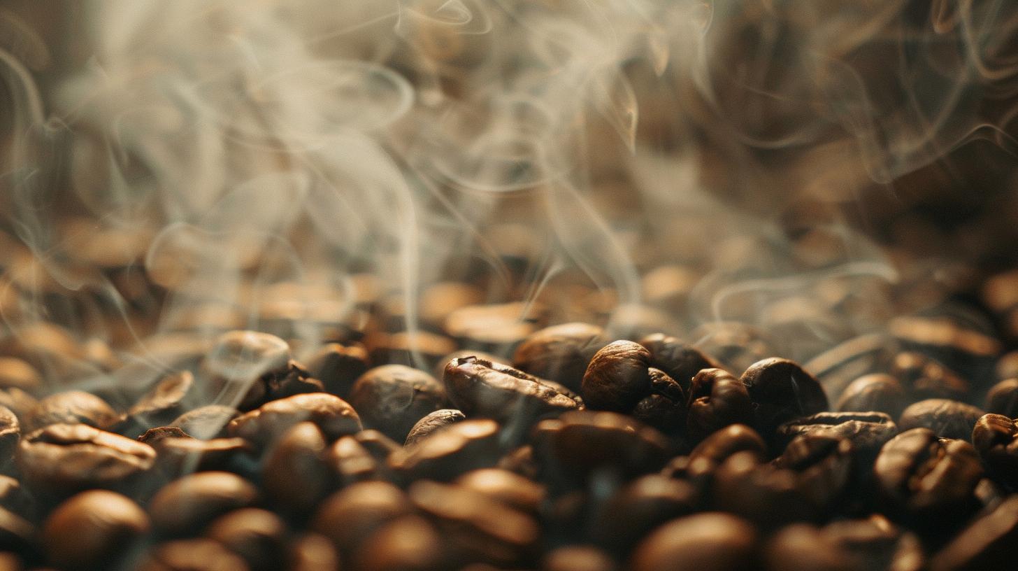 Freshly roasted coffee beans with steam rising.