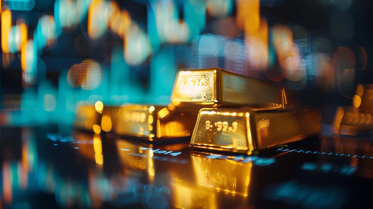 Gold bars stacked on a reflective surface with a background of blurred blue and orange lights representing financial data and market trends.