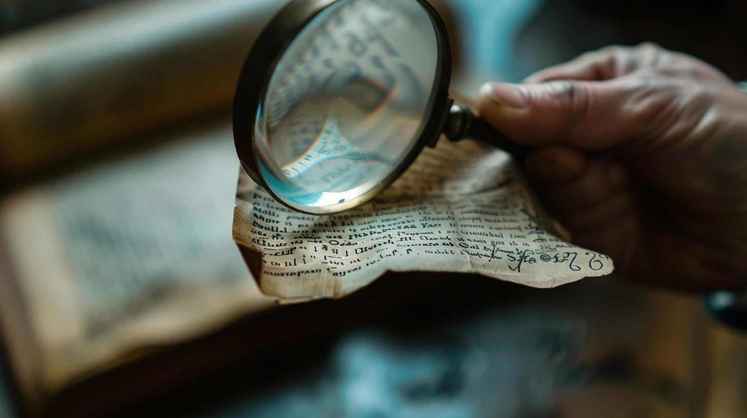 Close-up of a hand holding a magnifying glass over a piece of old paper with text.