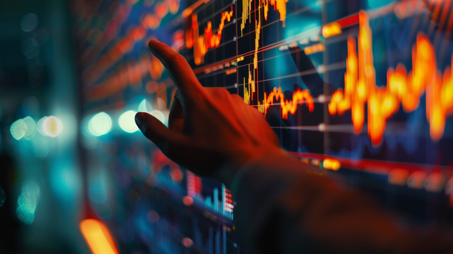 Hand pointing at a digital screen with financial graphs and data in a dimly lit room.