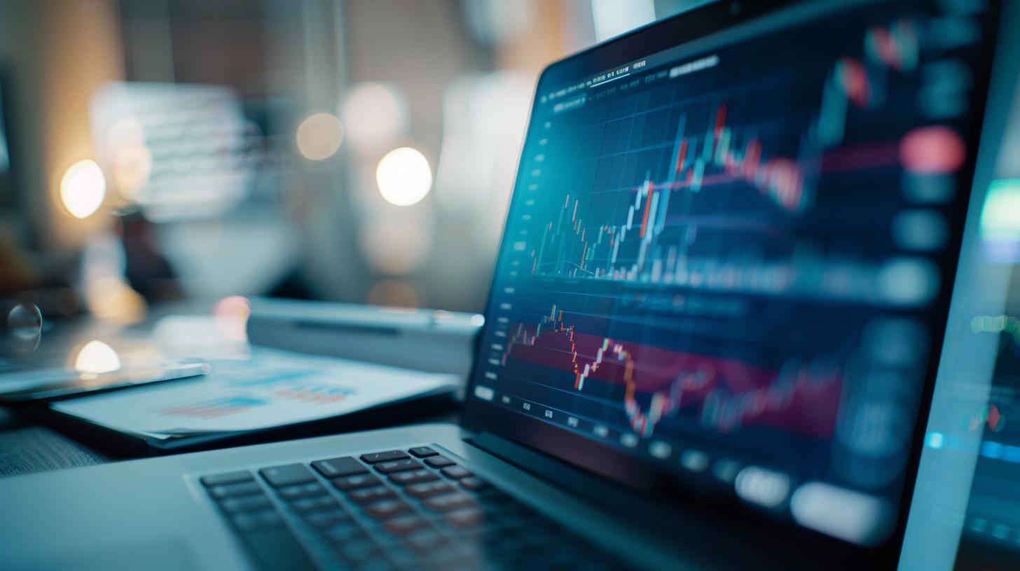 Close-up of a laptop displaying financial charts and stock market data in a modern office setting.