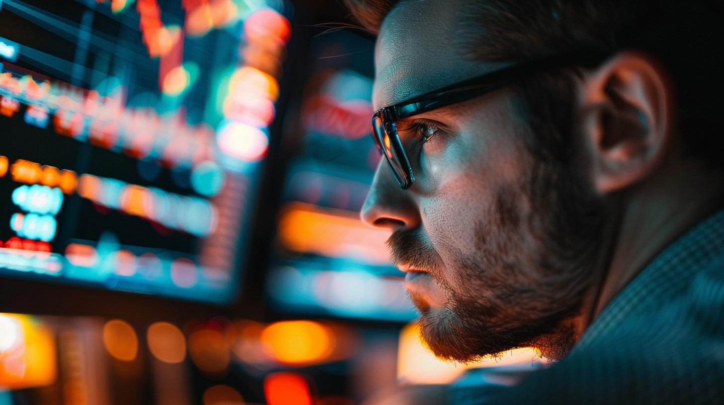 Man analyzing data on multiple computer screens in a dimly lit room focused on his work illuminated by vibrant screen colors indicating financial or technical analysis.