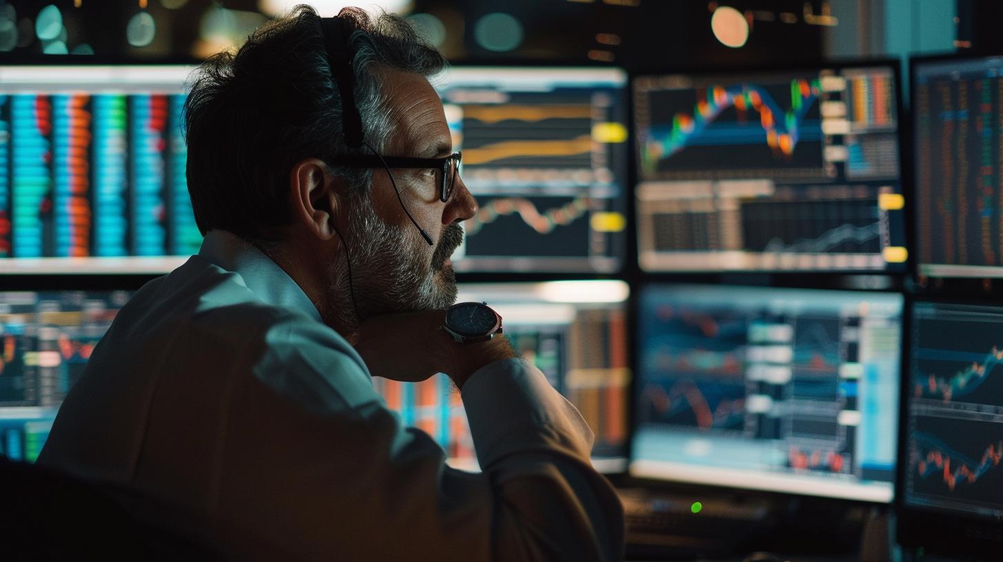 Man analyzing stock market data on multiple computer screens in a dark room financial trading expert monitoring economic trends late night trading stocks investment analysis business finance professional