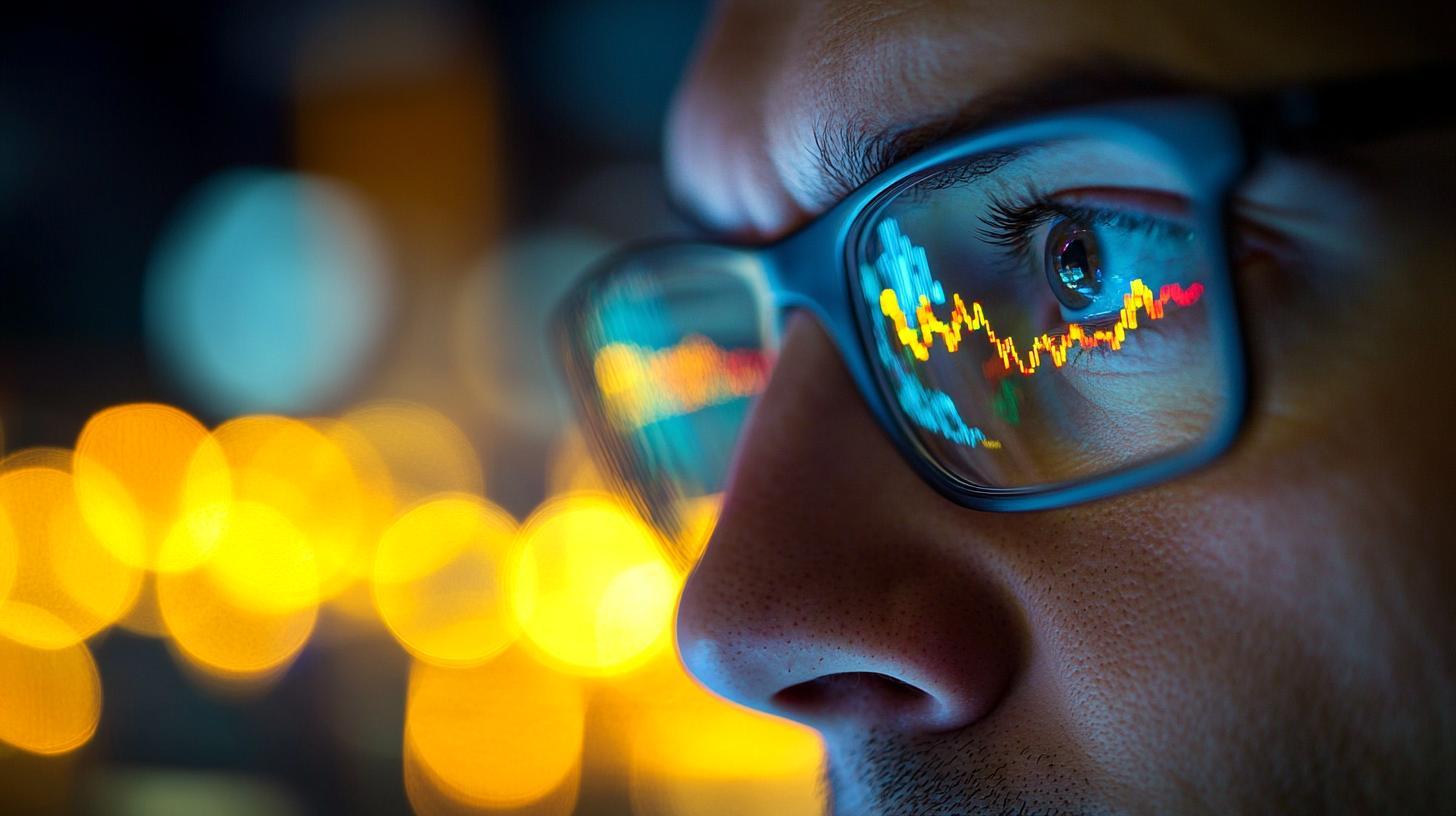 Close-up of a person wearing glasses with a reflection of stock market graphs and charts in the lenses, illuminated by blurred city lights in the background.