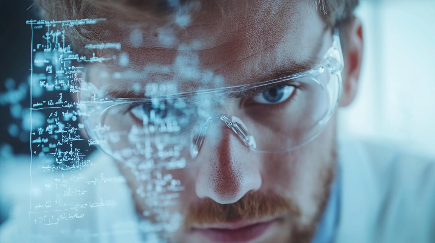 Scientist wearing safety goggles analyzing complex scientific formulas.