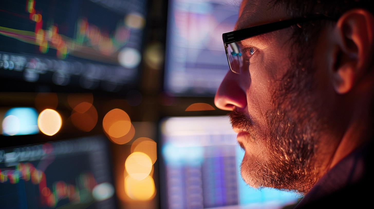 Stock trader analyzing financial data on multiple computer screens in a dimly lit office