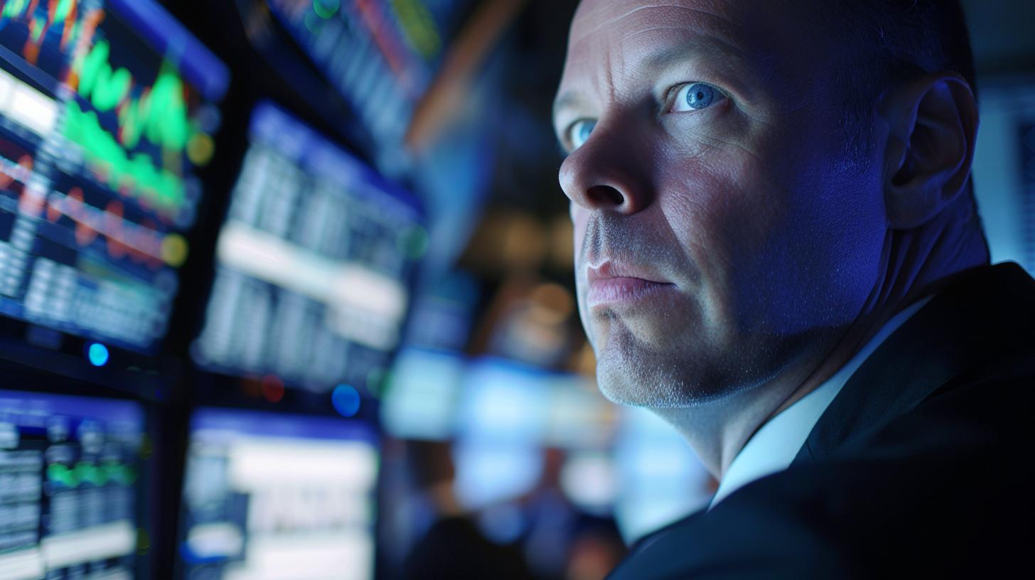 Stock trader focused on multiple monitors with stock market data and graphs.