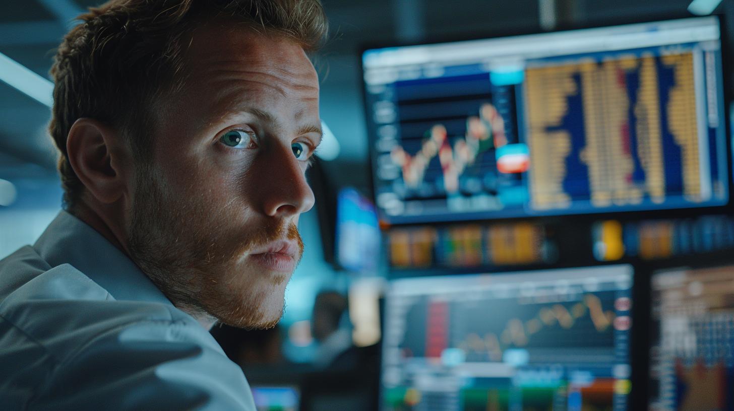 Trader analyzing stock market data on multiple computer screens in a financial office.