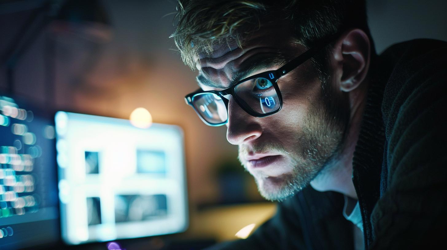 Young man with glasses working at a computer in a dimly lit room focused on programming or coding.