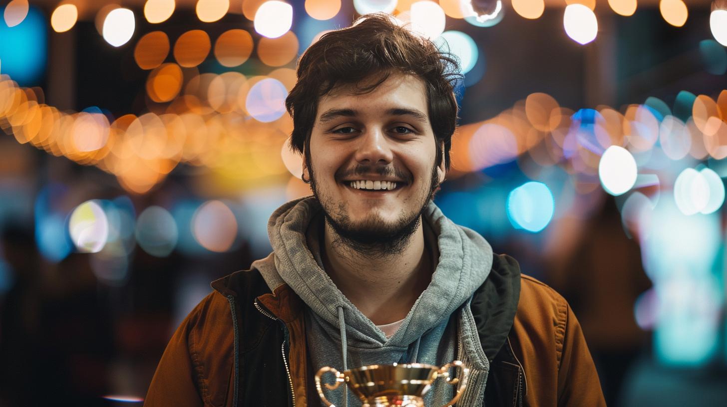 Young man smiling while holding a trophy with festive lights in the background